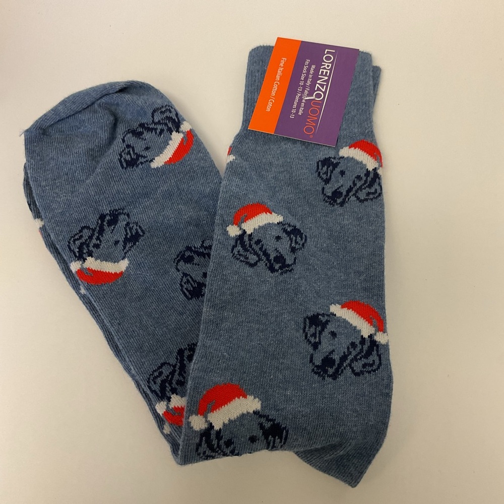 LORENZO UOMO MENS COTTON SOCKS DOG WITH A SANTA HAT BLUE OS NWT